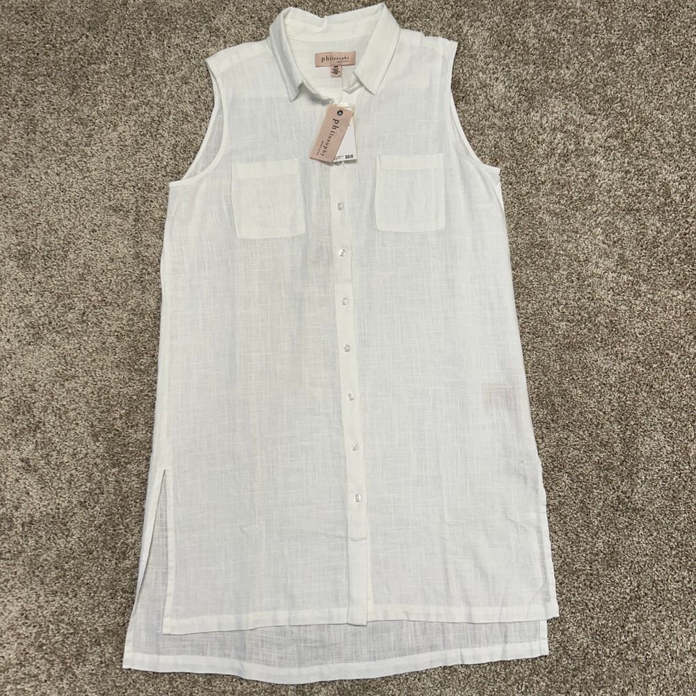 Philosophy Linen Blend Sleeveless Shirt Collared Dress Women Size Medium White - Picture 2 of 9